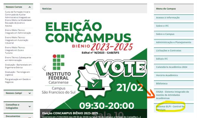 Acesso para o Sistema GLPI no menu lateral direito